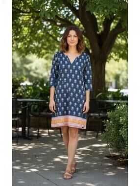 Hatley Blue Floral Patterned Boho Dress with Orange Border - Size S